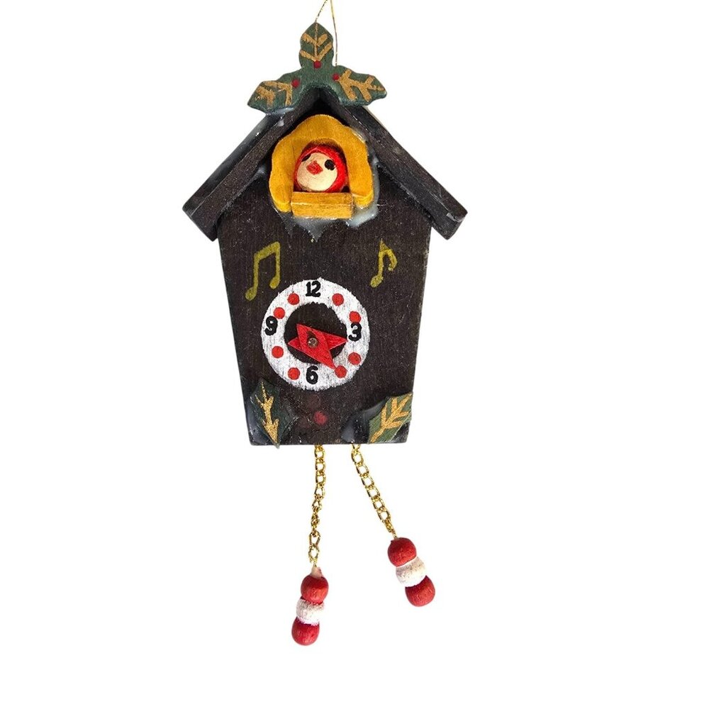 Vintage Cuckoo Clock Christmas Ornament Wooden Hand Painted Folk Art 1980s Retro
